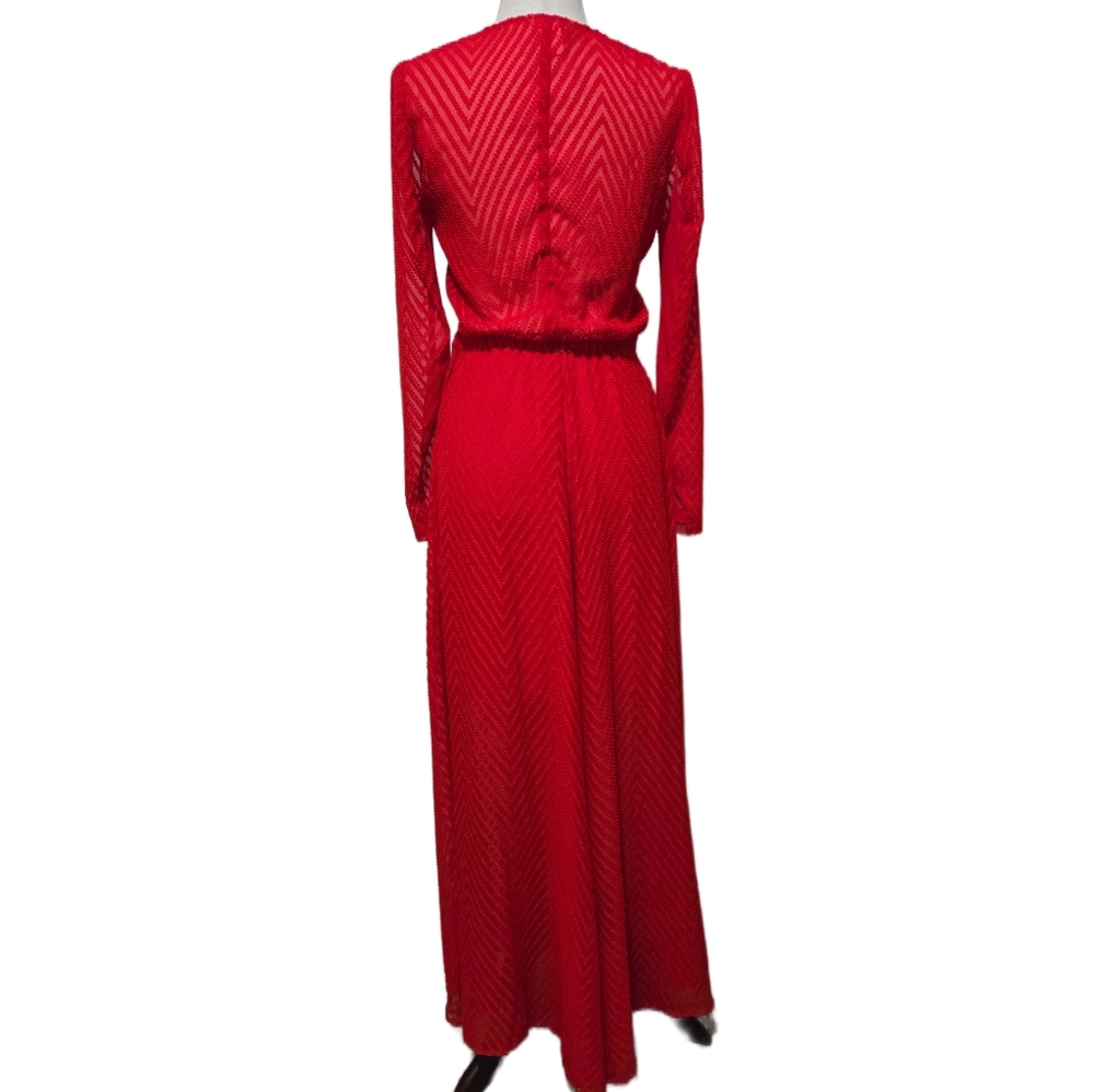 H&M Red Maxi Dress Sheer Textured Chevron Katy Perry Holiday Collection Size 4 - Picture 9 of 15